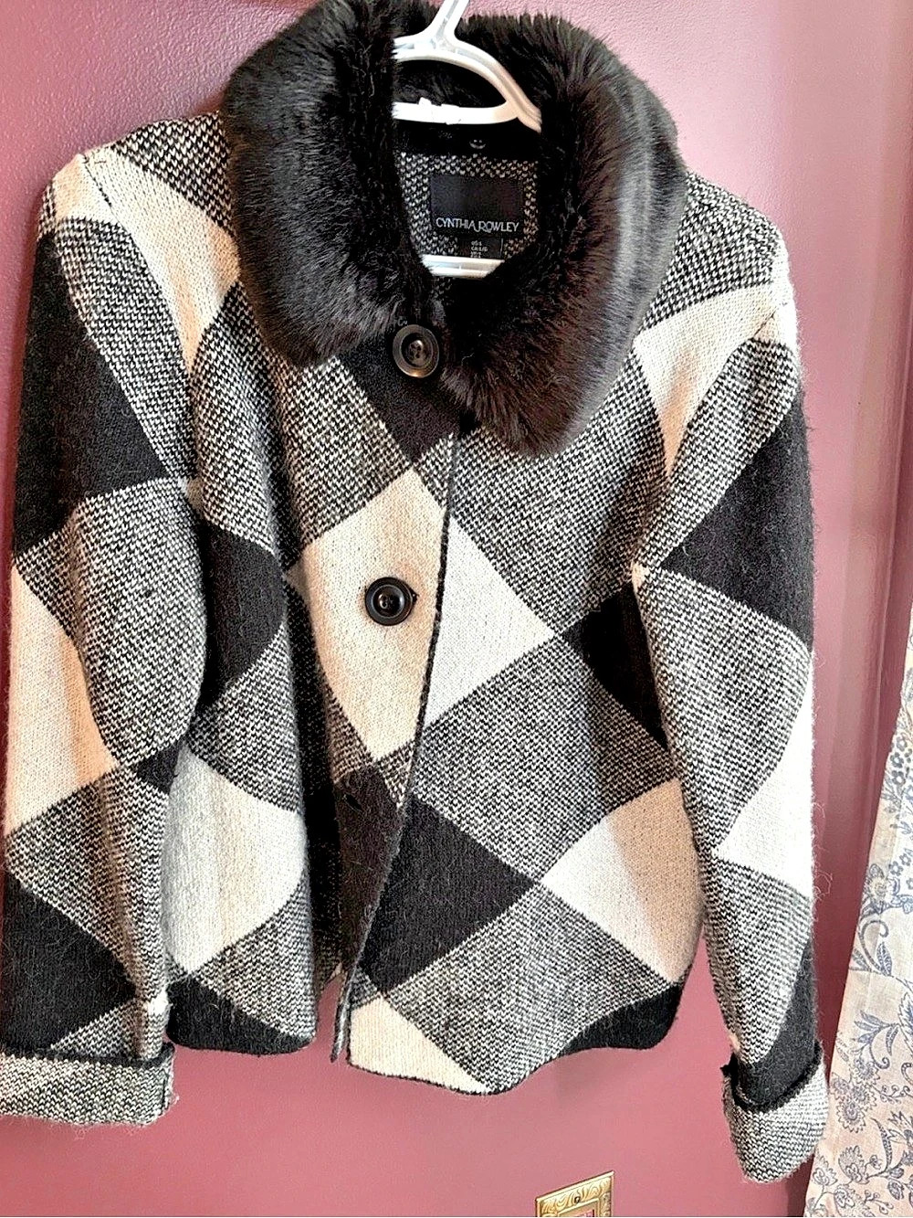 Cynthia Rowley Geometric Pea Coat in Black & White Size Large